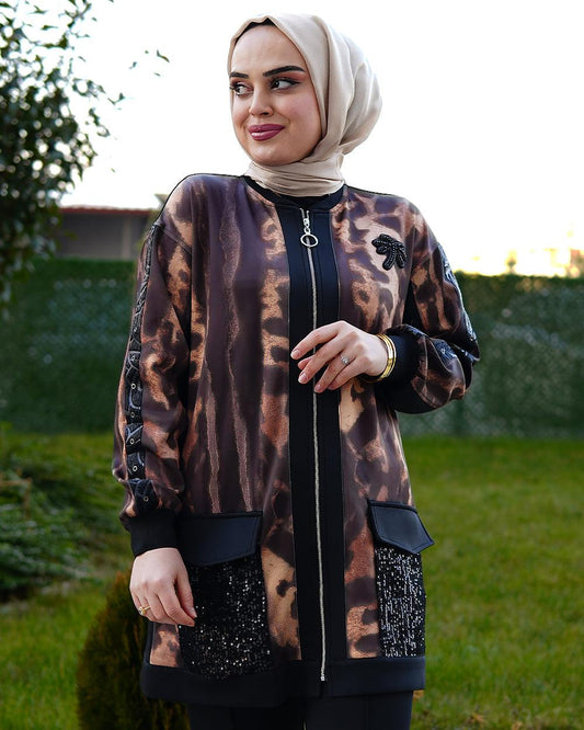 Kahverengi Desenli Ceket Pantolon Takım - Ela Butik