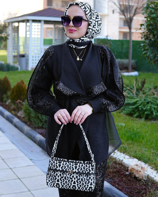 Siyah Pul Payetli Takım (3 Parça) - Ela Butik