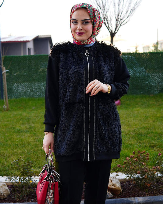 Tüylü Siyah Ceket Pantolon Takım - Ela Butik